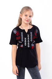 Вишиванка чорна для дівчинки з червоною білою вишивкою з коротким рукавом