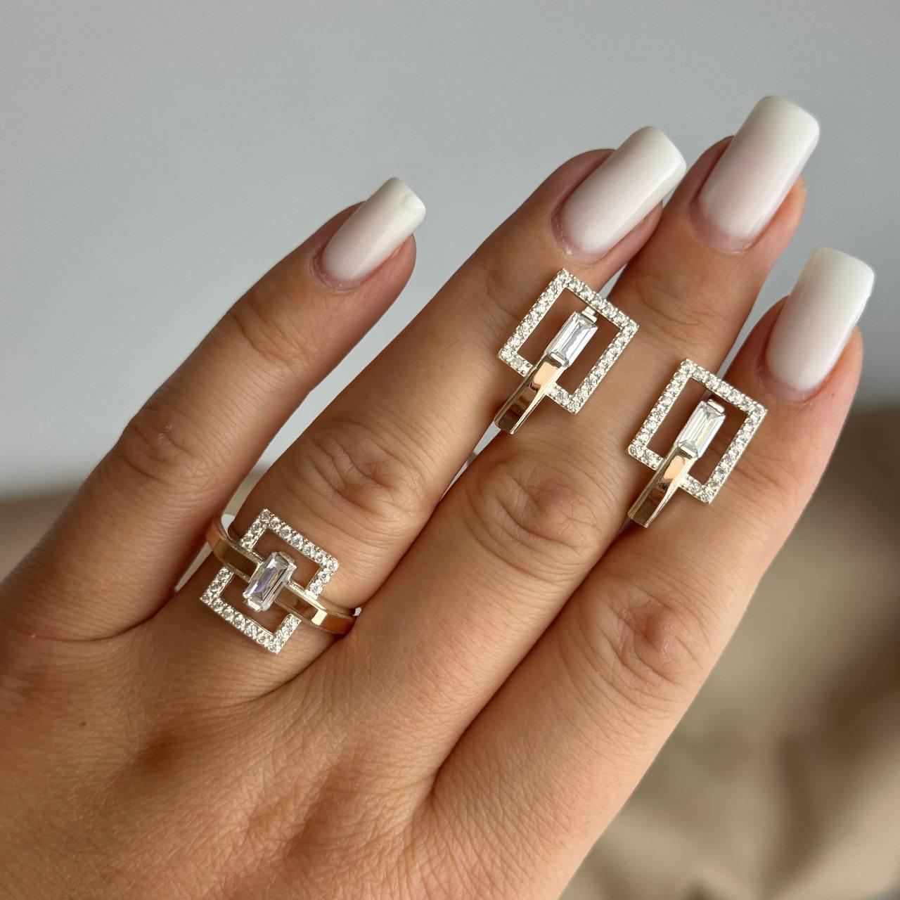 Срібний комплект з золотими пластинами Сережки Каблучка