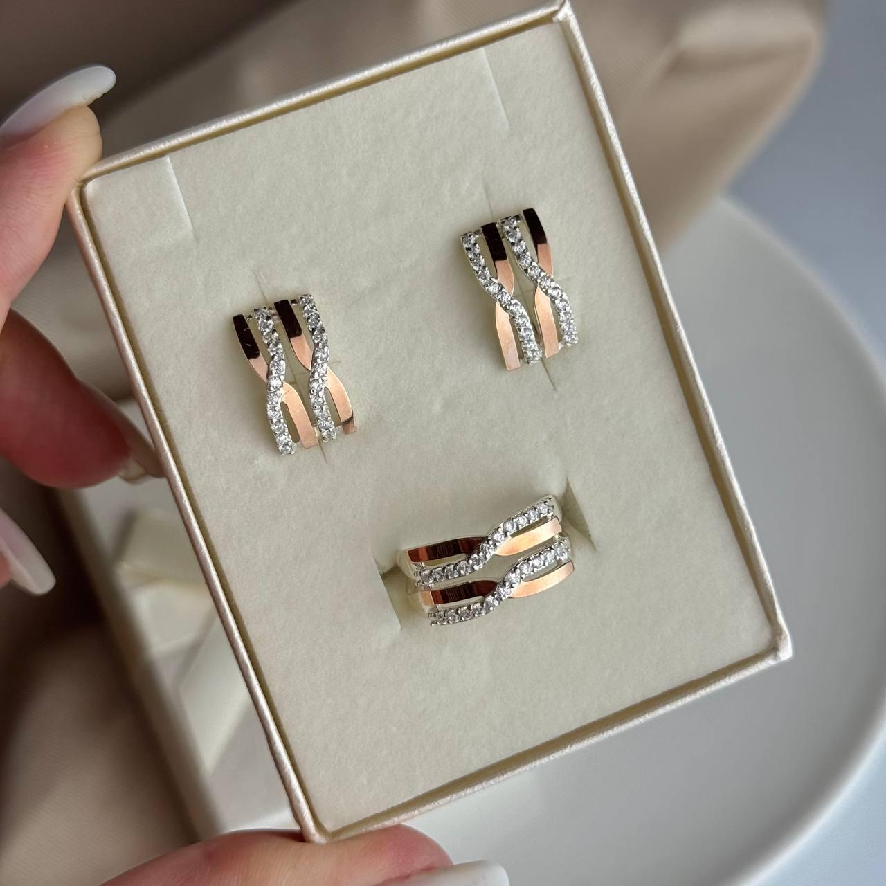 Срібний комплект з золотими пластинами Сережки Каблучка