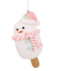 Ялинкова підвіска Морозиво-сніговик у рожевій шапочці 12.5 см