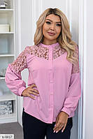 Блузка жіноча красива ошатна класична зі вставками з мереживної вишивки довгий рукав розміри 48-62