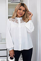 Блузка жіноча красива стильна ошатна з мереживними вставками й об'ємними рукавами великі розміри 48-62