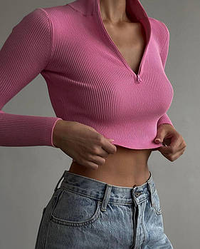 Жіночий укорочений лонгслів на блискавці з рубчика 42–46 (універсальний) рожевий
