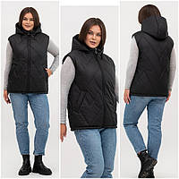 Женская жилетка осенняя больших размеров. Женский жилет- безрукавка с карманами и капюшоном на молнии р -50-62