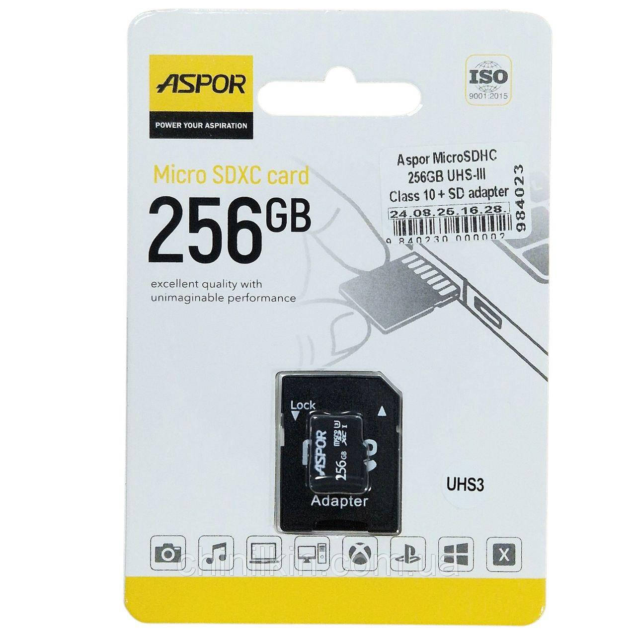 Карта пам`яті Aspor MicroSDHC 256GB UHS-III (Class 10) + SD adapter, фото 1
