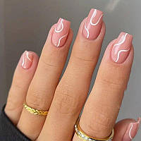 Накладні нігті з клеєм і пилочкою 24 шт, набір накладних нігтів нюд із білими лініями