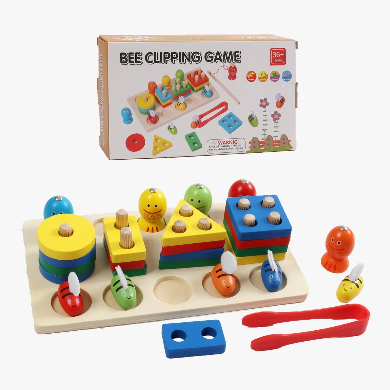 Дошка логічна дерев’яна, гра з кілочками, магнітна риболовля, бджілки, щипці, сортер за формами C 74581