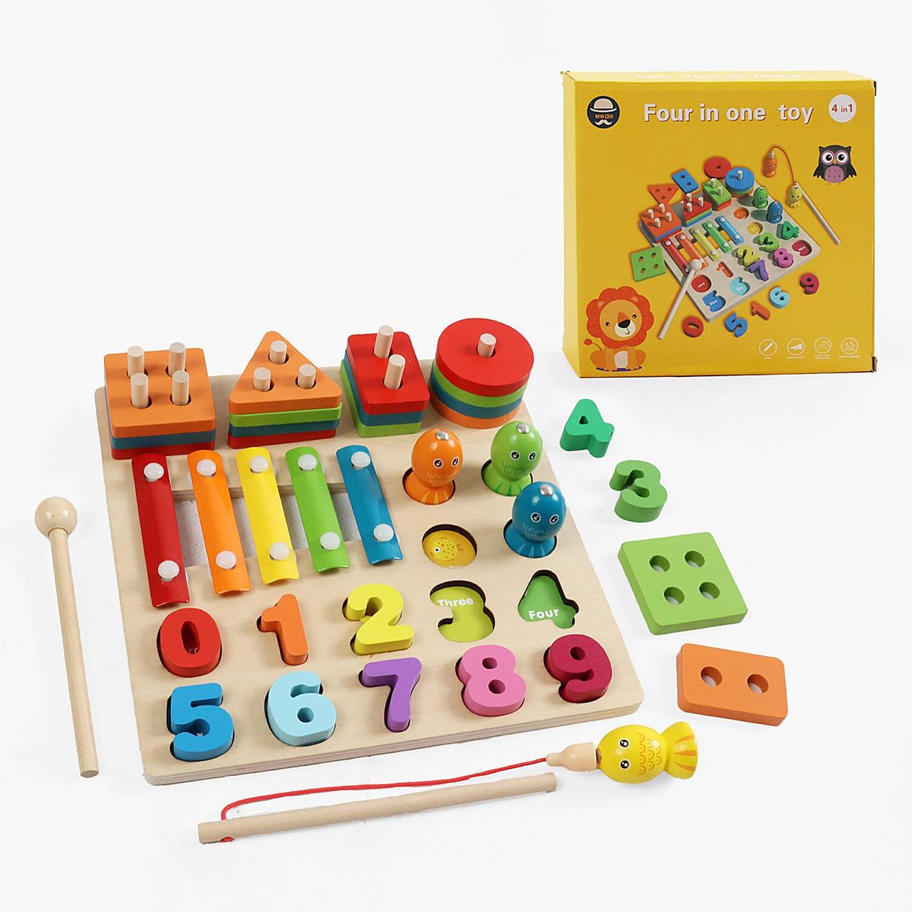 Логічна дошка дерев`яна, магнітна риболовля, кілочки, сортер за кольорами та формами, цифри F 43614