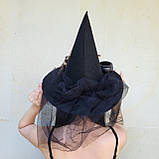 Чорний капелюх відьми з Потрійною Місячною Пентаграмою, казанком та мітлою, фото 8