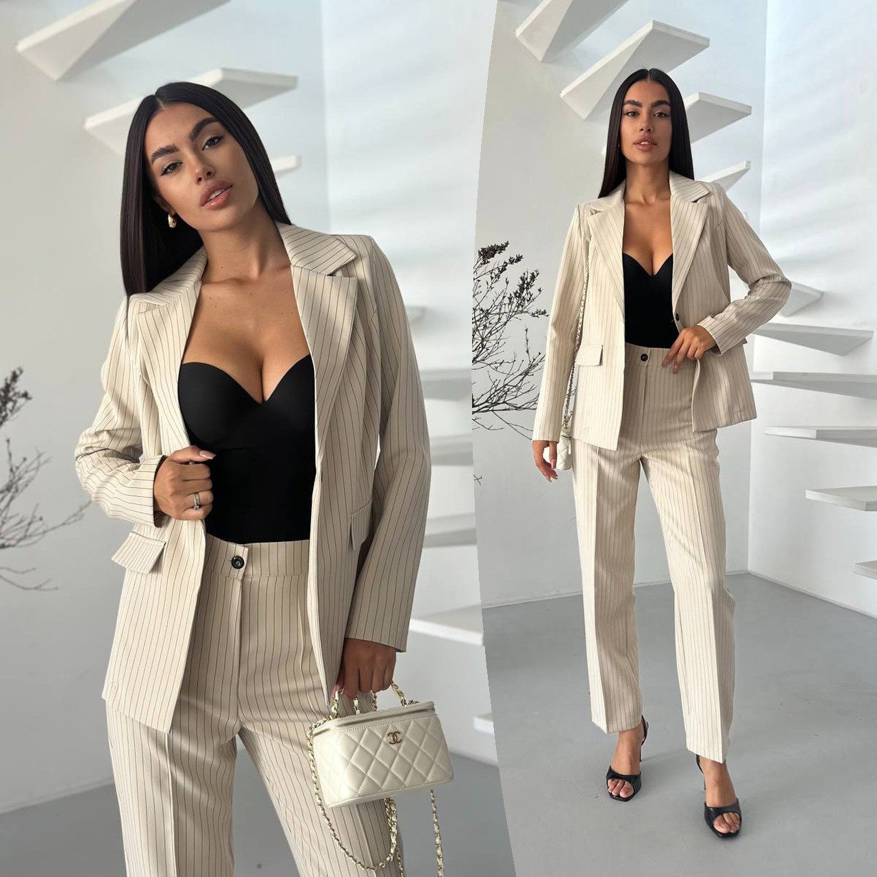 Бежевий жіночий класичний костюм у дрібну смужку: піджак і штани, фото 1