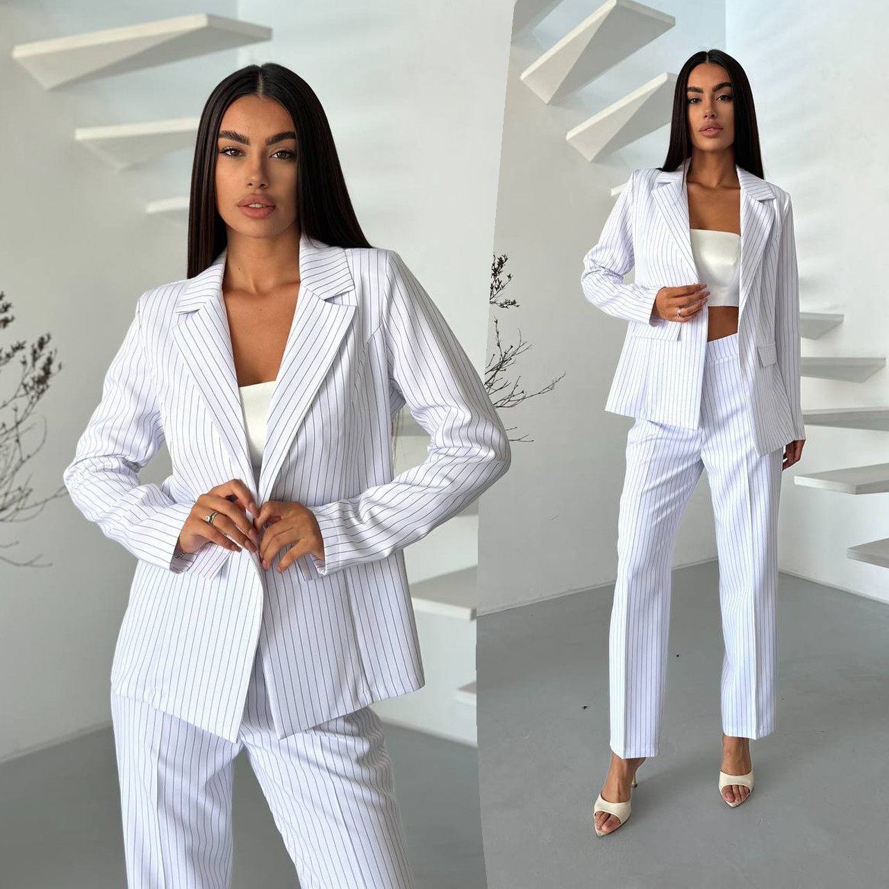 Білий жіночий класичний костюм у дрібну смужку: піджак і штани, фото 1