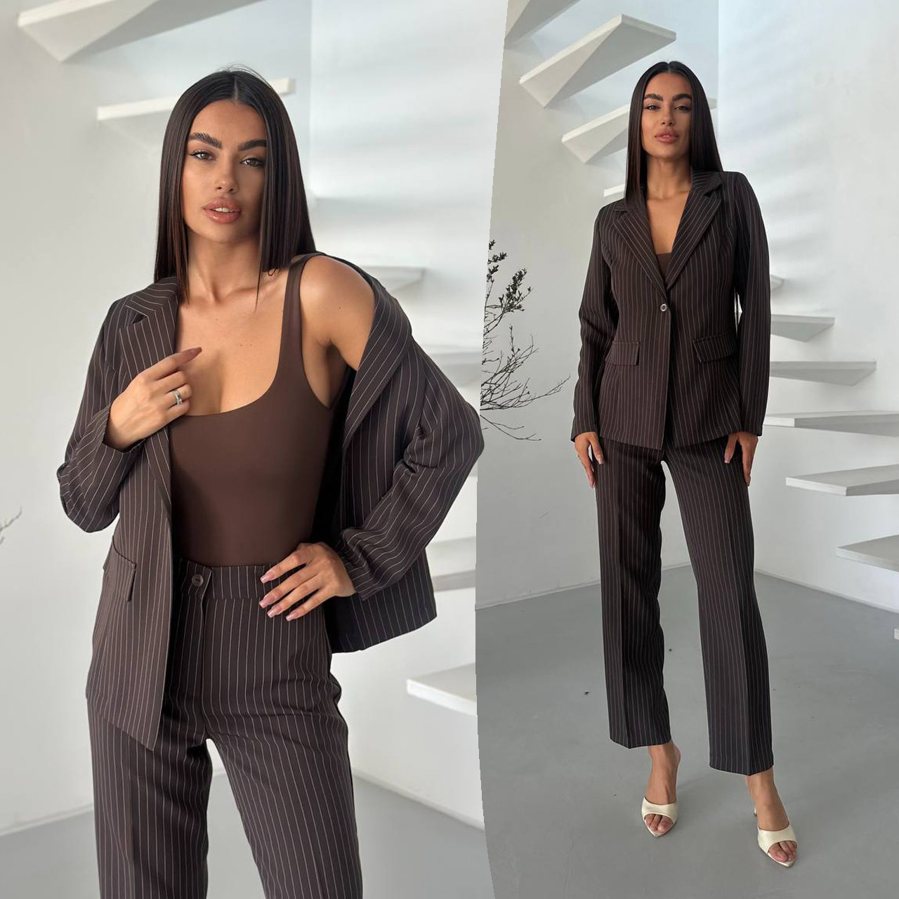 Коричневий жіночий класичний костюм у дрібну смужку: піджак і штани, фото 1