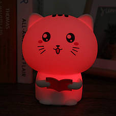 Дитячий силіконовий нічник світильник на акумуляторі "Котик з рожевою книгою" білий, фото 4