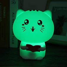 Дитячий силіконовий нічник світильник на акумуляторі "Котик з рожевою книгою" білий, фото 5