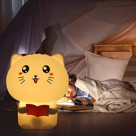 Дитячий силіконовий нічник світильник на акумуляторі "Котик з рожевою книгою" білий, фото 1