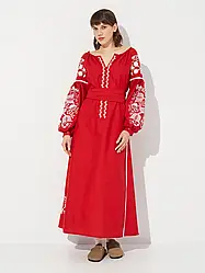 Жіноче червоне максі плаття вишиванка бохо з білою багатою вишивкою