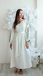 Жіноче плаття максі вишиванка молочного кольору з оливково-бежевою вишивкою | красива жіноча вишита сукня
