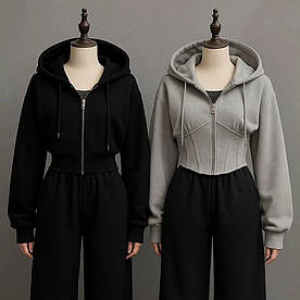 Жіноча вкорочена зіп кофта з капюшоном на блискавці