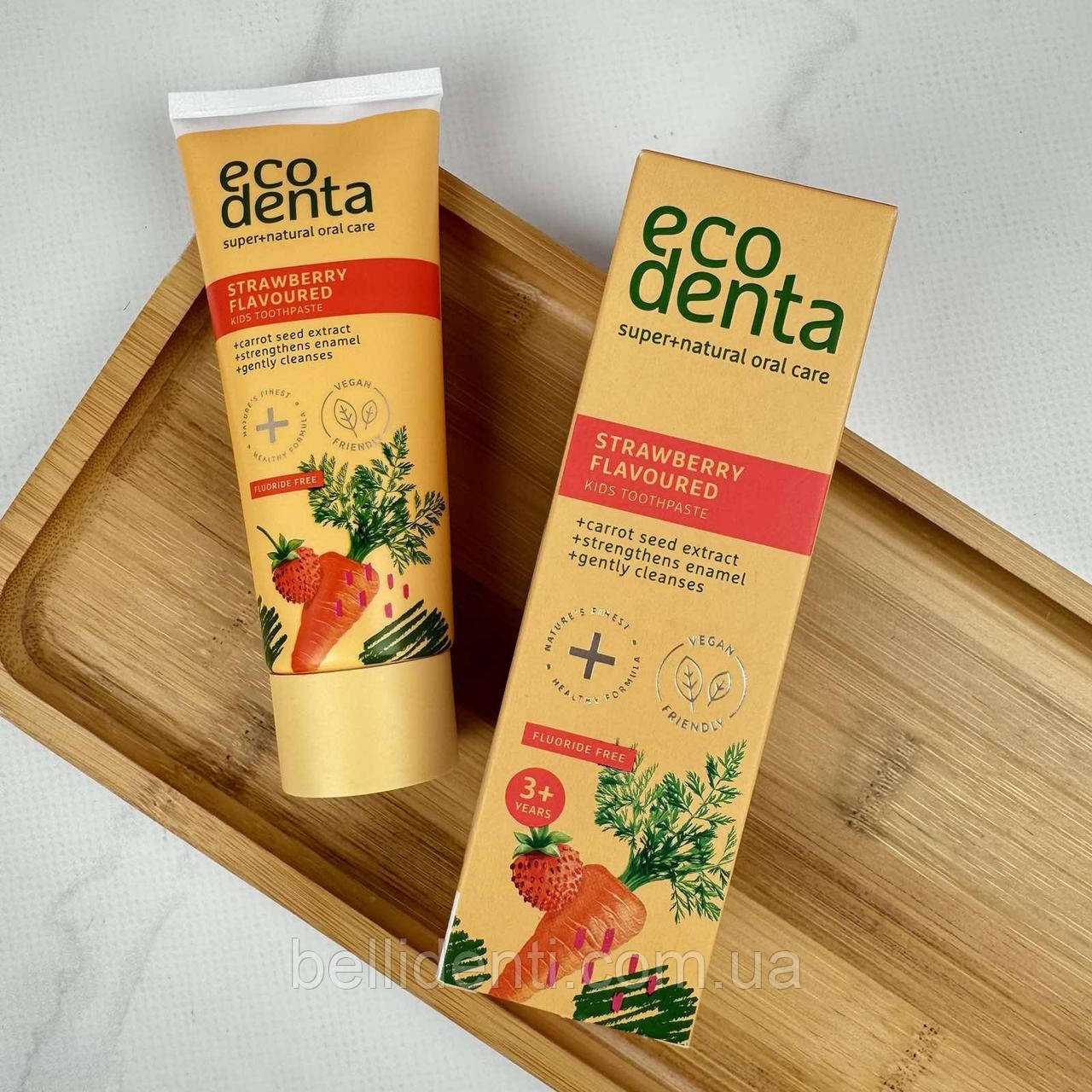 Дитяча зубна паста EcoDenta Green від 3 років (без фтору, суниця та екстракт моркви), 75 мл