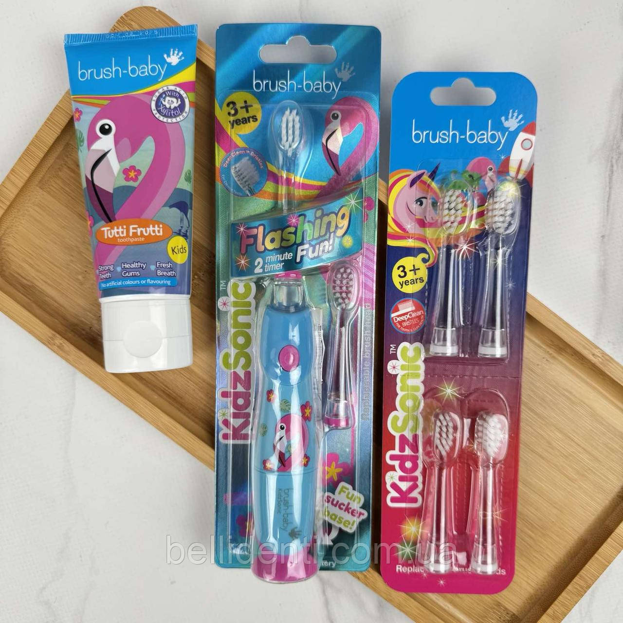 Набір Brush-Baby KidzSonic від 3 до 12 років (електрична щітка, зубна паста, запасні насадки), фламінго