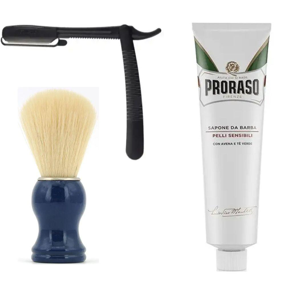 Одноразова небезпечна бритва Gillette Premium Platinum Blades + помазок SHIMA борсук + крем для гоління Proraso для чутливої шкіри, фото 1