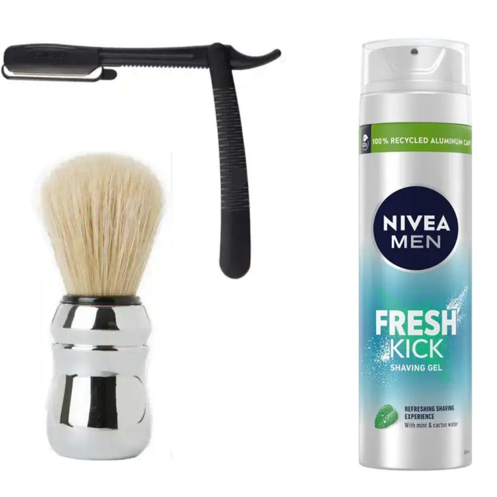Одноразова небезпечна бритва Gillette Platinum Premium Platinum Blades + помазок Proraso + гель для гоління Nivea Men Fresh Kick, фото 1