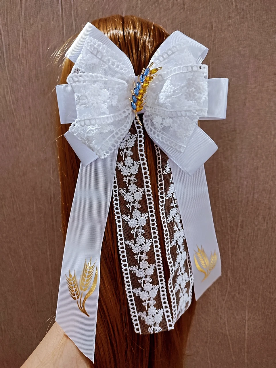 Бант білий шкільний великий 15*25 см з колосками Колосок Заколка резинка Шкільні бантики Школьный бант белый, фото 1