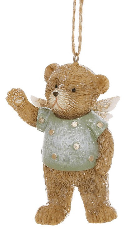 Ялинкова підвіска Ведмедик Тедді-янголятко у зеленій сорочці 8 см, фото 1