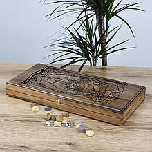 Нарди різьблені з натурального дерева горіх "Фрегат" ручна робота українських майстрів розмір дошки 55*50 см