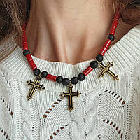 Зґарда "Карпатська». Намисто з лави, кераміки та трьох латунних хрестиків.