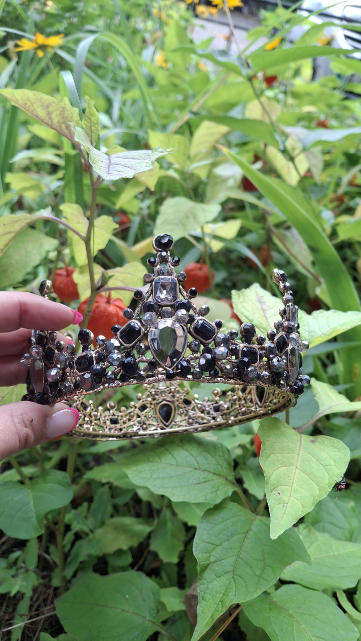 Корона з чорним камінням Swarovski Золото 13.7 см Елегантна корона для фотосесії Корона з чорними стразами, фото 1