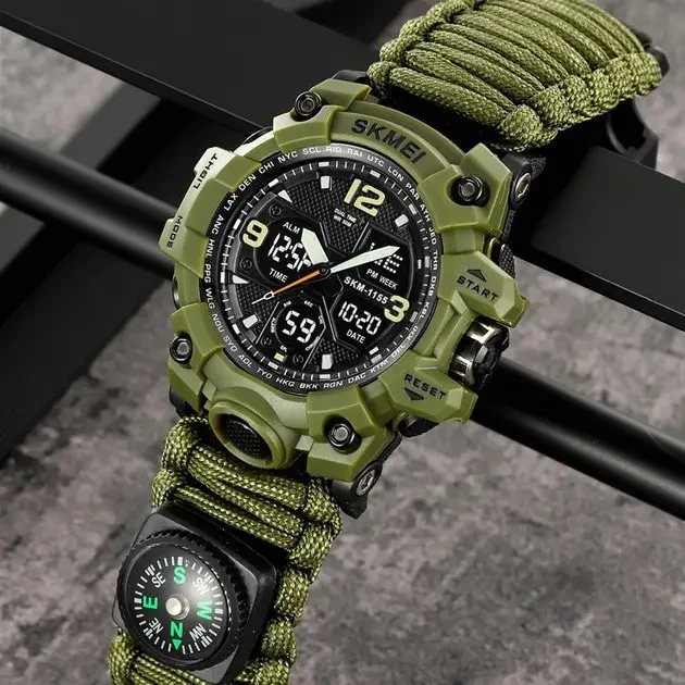Годинник Skmei 1155BNAG Army Green | Військовий годинник з паракордовим ремінцем, водостійкий, для туризму та екстриму, фото 1