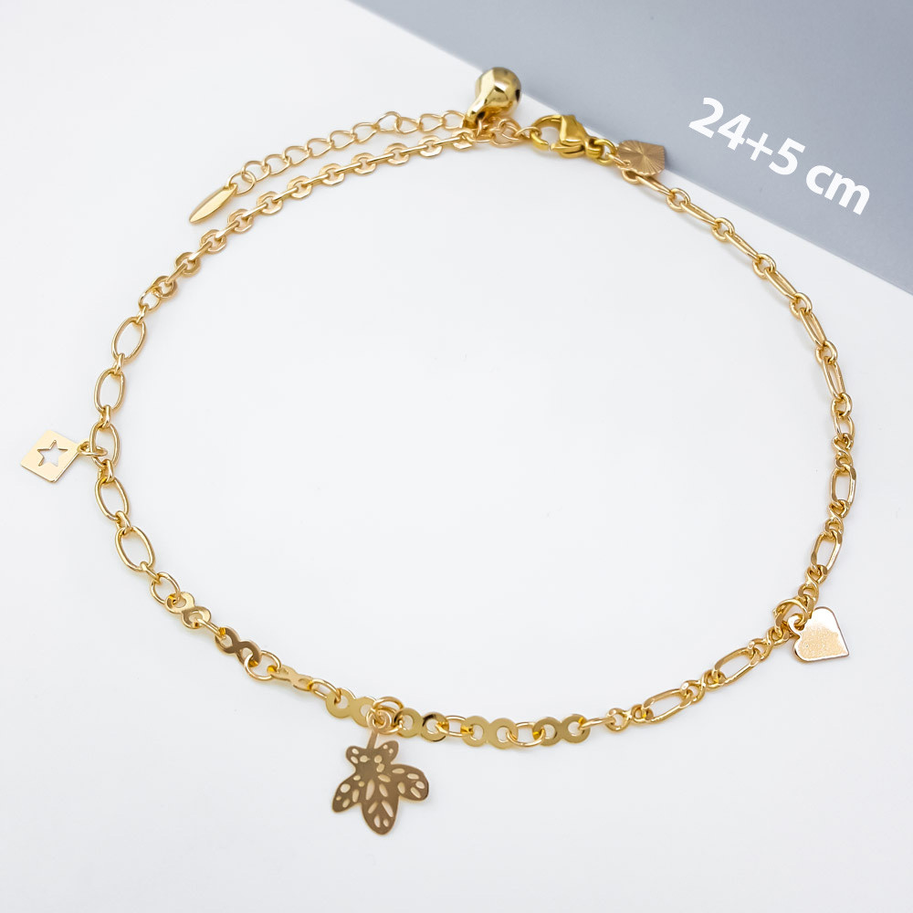 Браслет на ногу Ажурний Листочок, без каміння, р.24+5; медзолото Xuping, позолота 18К, фото 1