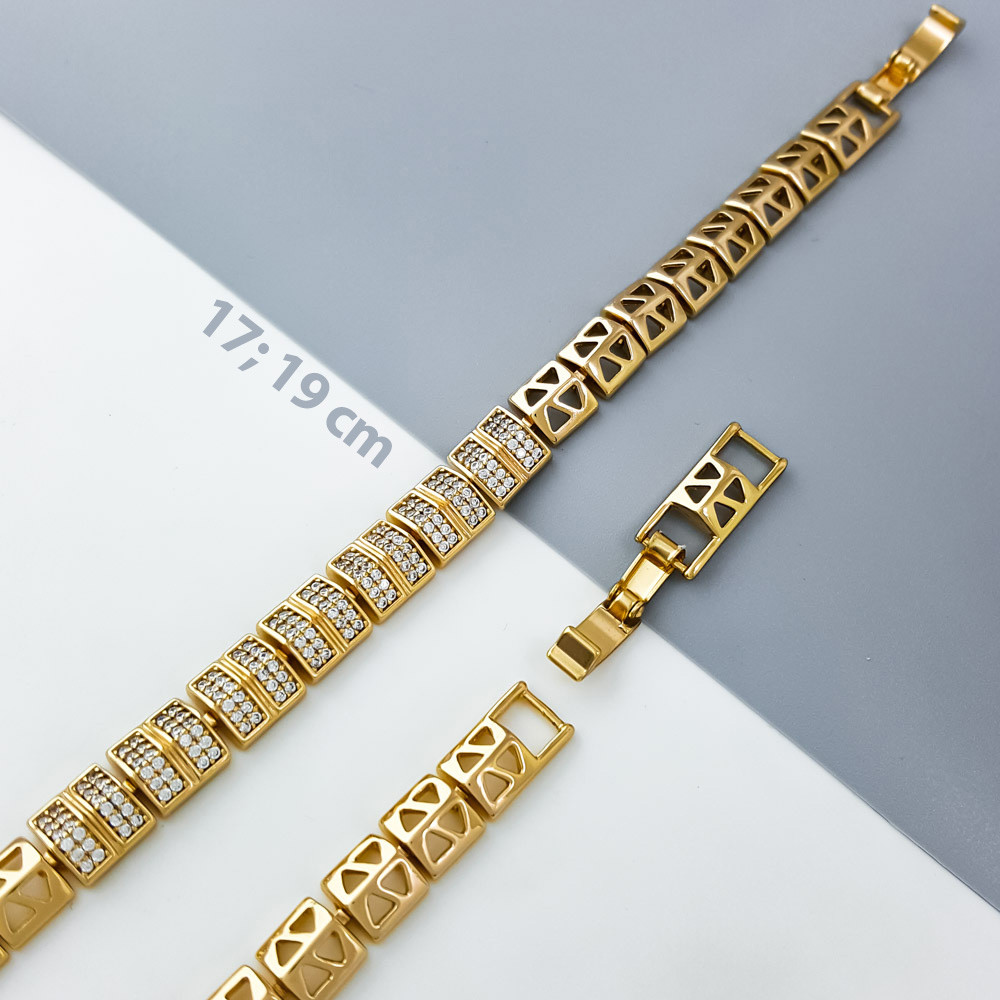 Браслет Ажурни Квадрати із вставкою цирконію, р.17; р.19; медзолото Xuping, позолота 18К, фото 1