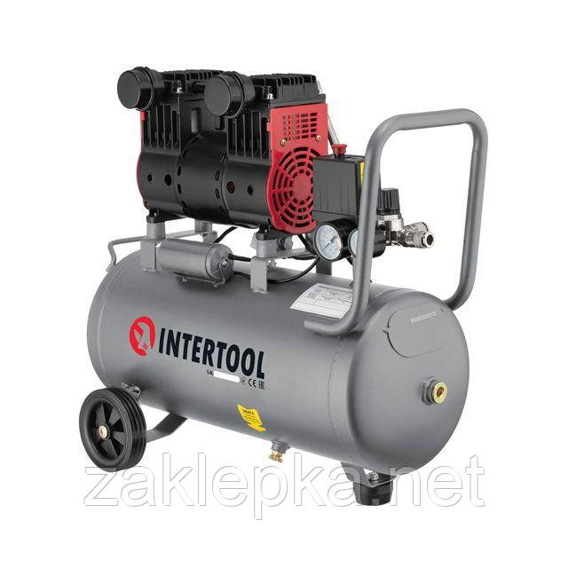 Компресор 24 л, 1.1 кВт, 8атм, 160 л/хв, 1400 об/хв, малошумний, безмасляний 2 циліндри INTERTOOL PT-0026, фото 1