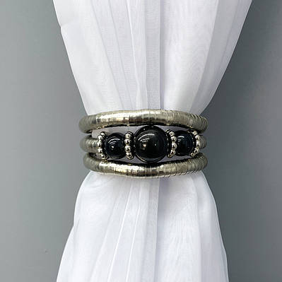 Декоративний браслет-підхват для штор та гардин, колір сріблястий з чорним 82-045