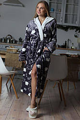 Довгий жіночий халат на запах з капюшоном з котиками та вушками Xmd24