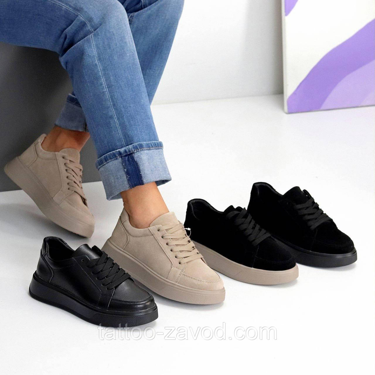 Кросівки жіночі на потовщеній підошві на шнурках замшеві, шкіряні 36-41, фото 1