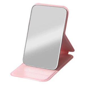 Зеркало прямоугольной формы раскладное одностороннее нежно розового цвета из эко кожи высота 11 см ширина 7 см