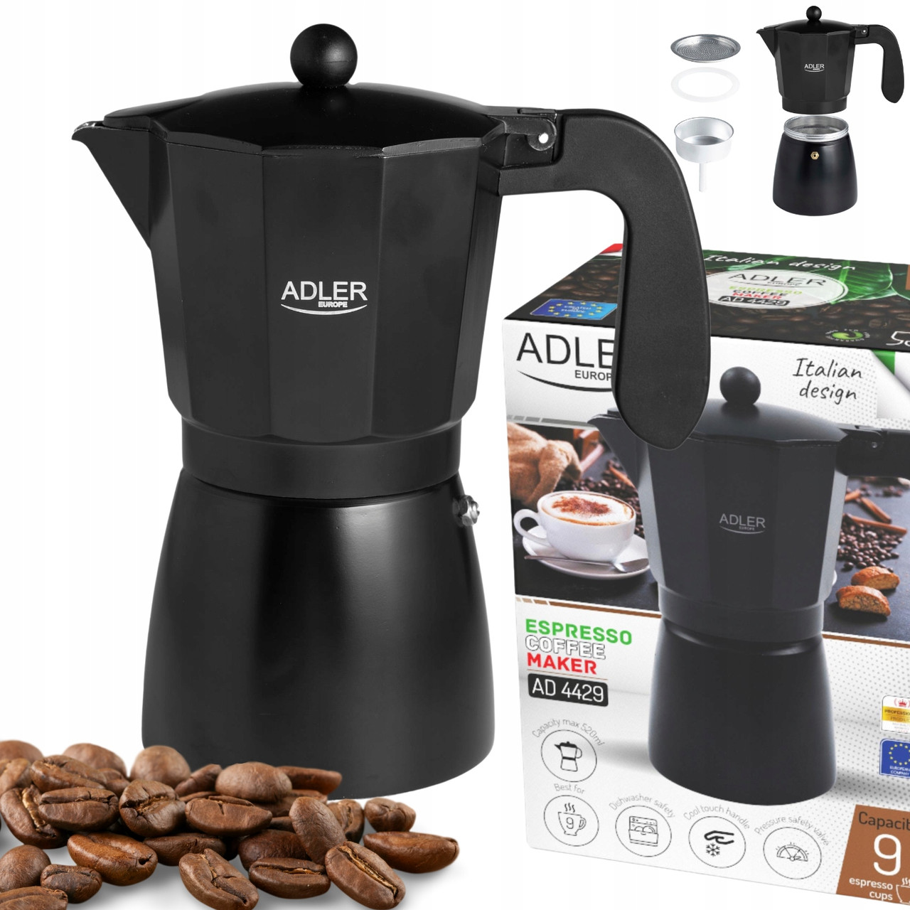 Кофеварка-еспресо Adler AD 4429 — на 9 чашок (520 мл), для всіх плит, фото 1