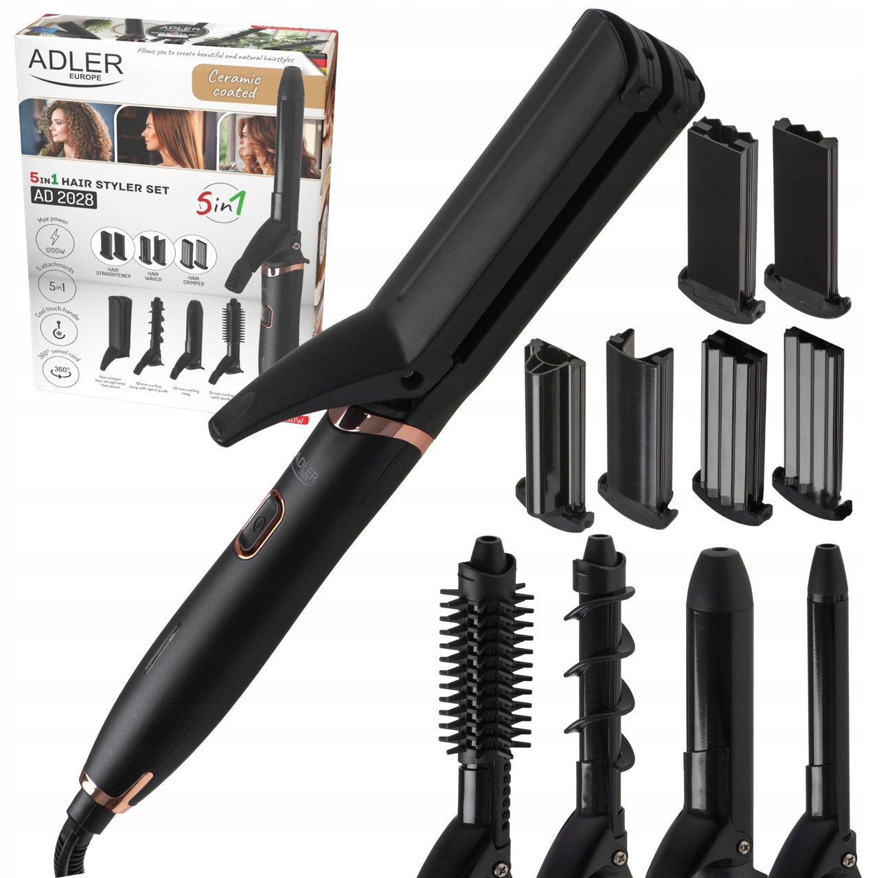 Набір для укладки волосся Adler AD 2028 — стайлер 5-в-1, 1200 Вт, керамічні насадки, фото 1
