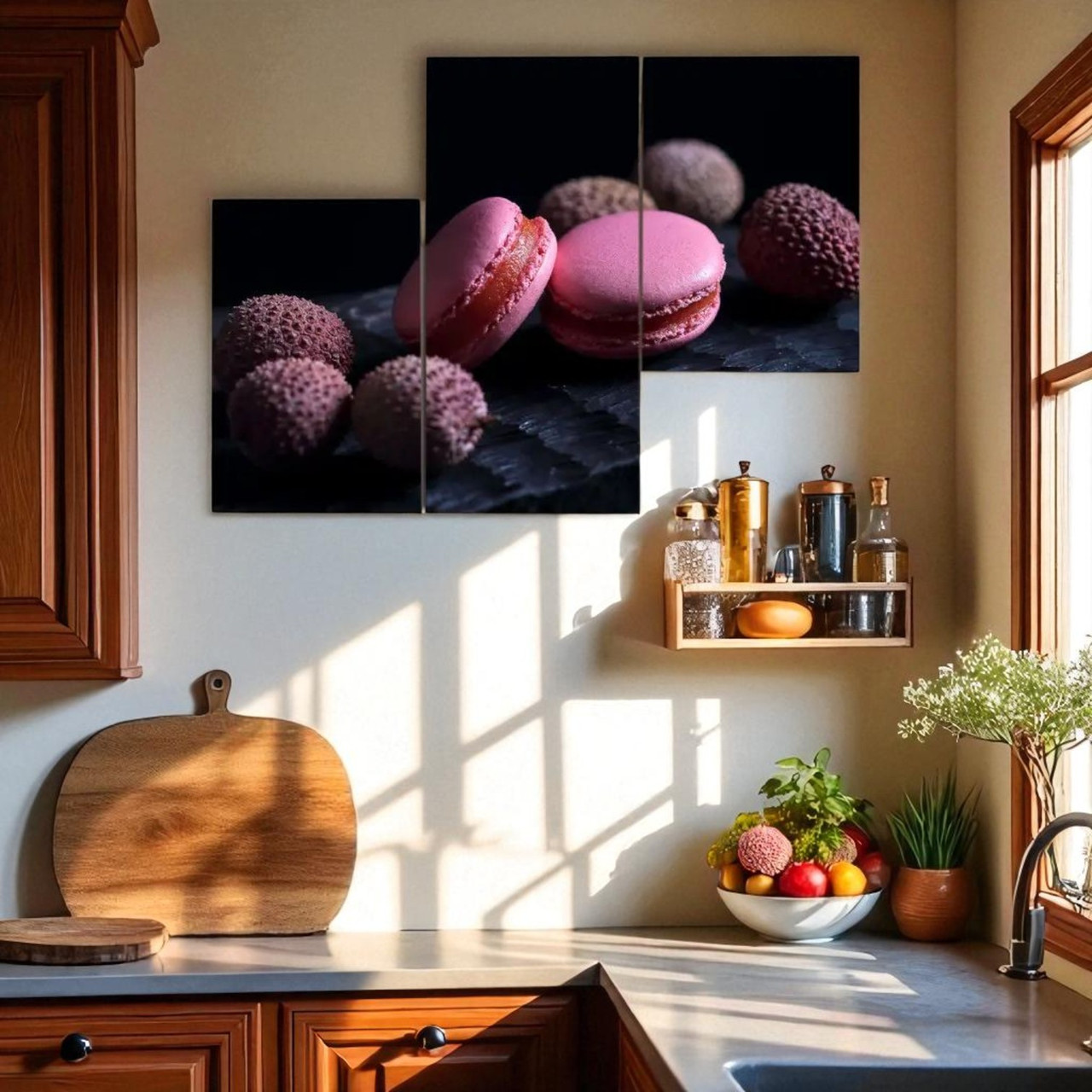 Картина модульна декор для кухні Макаруни на темному фоні Друк на полотні 90х60см із 3-х частин, фото 1