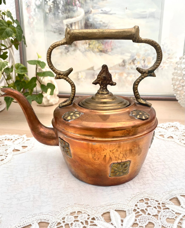 Старий східний мідний чайник з латунним декором, vintage прикраса, 1 літр