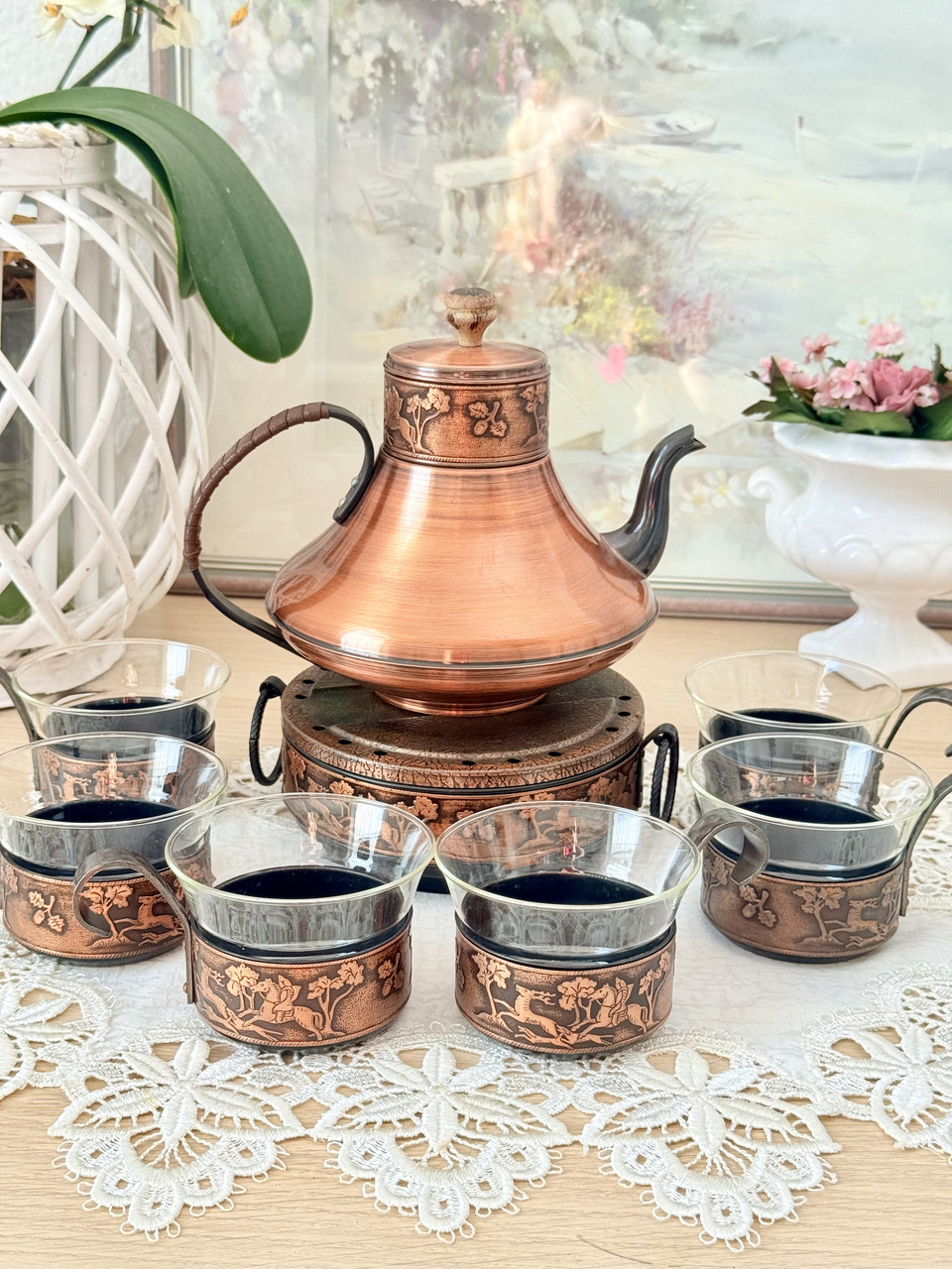 Вінтажний мідний чайник з підставкою для підігріву та 6 склянок з підсклянниками, мідь, вінтаж, Німеччина