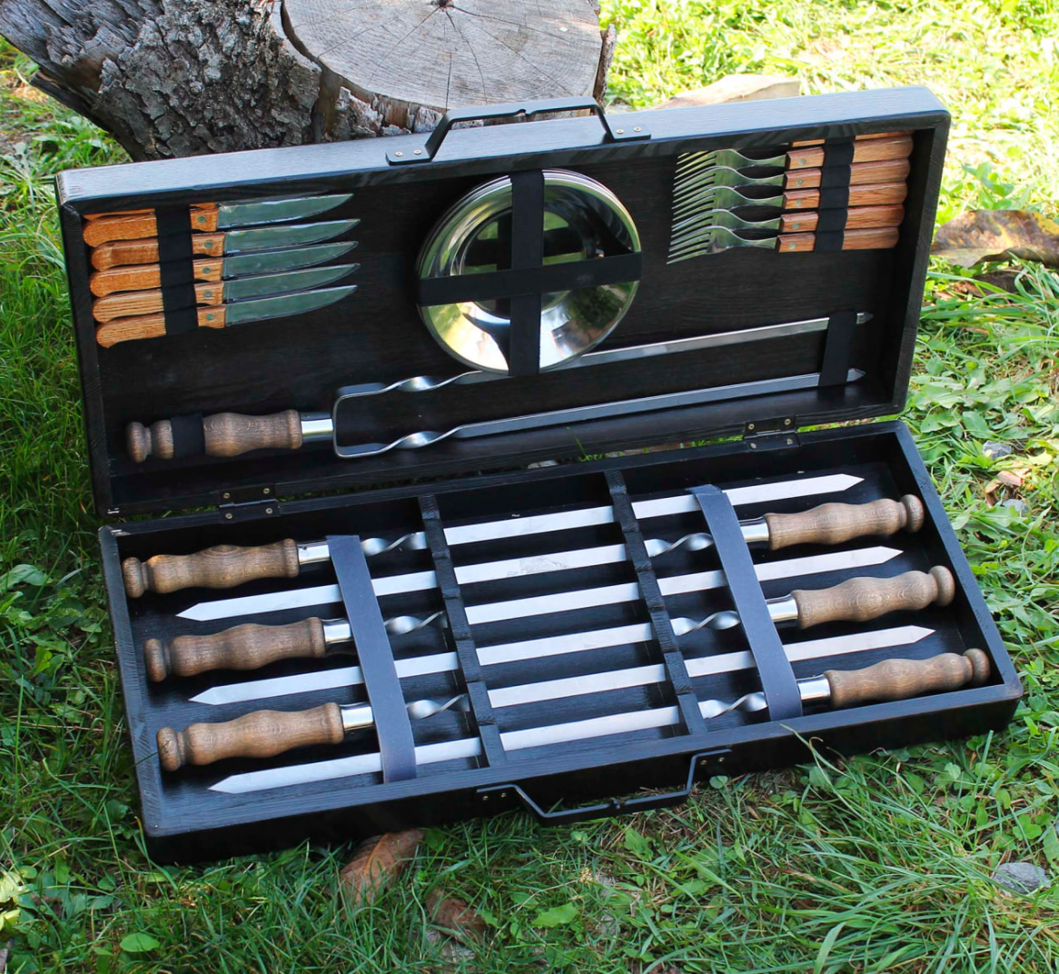 Якісні шампури подарункові в дерев'яний ящик, Набір для пікніка з шампурами, фото 1