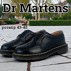 Чоловічі чорні туфлі Dr Martens шкіряні з перфорацією Брогі мартенси з жовтою ниткою на шнурівці для хлопця