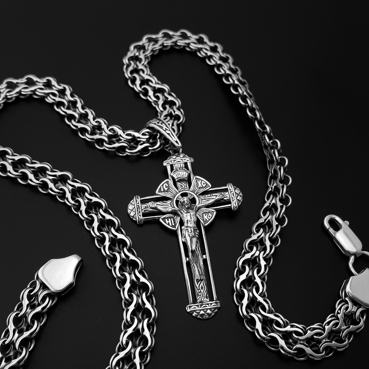 Чоловічий срібний набір: цепочка "Подвійний струмок" 8 мм з хрестиком "Спаси и Сохрани", 55 см, фото 1