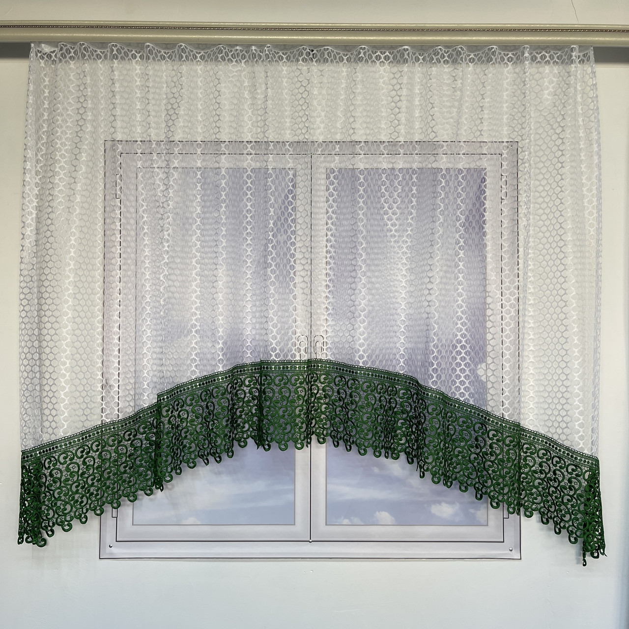 Тюль арка ALBO біла з зеленим макраме 300×170 см (KU-126-15), фото 1