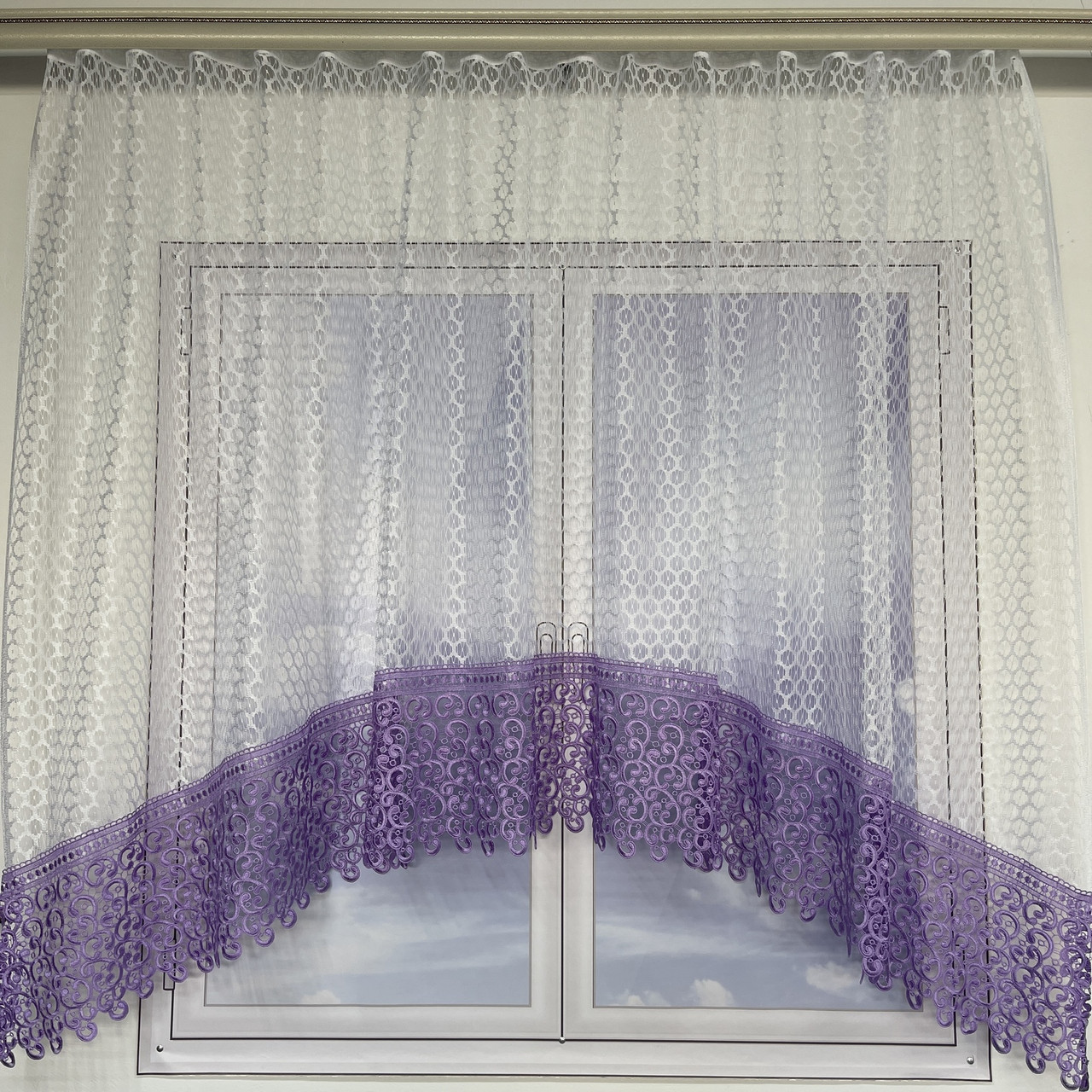 Тюль арка ALBO біла з фіолетовим макраме 300×170 см (KU-126-18), фото 1
