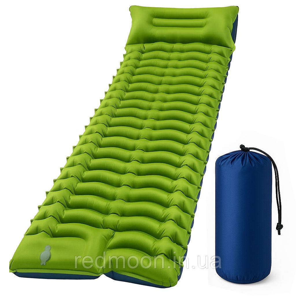 Надувний каремат 235х70см, з подушкою і вбудованим насосом, Зелений / Надувний матрац туристичний, фото 1